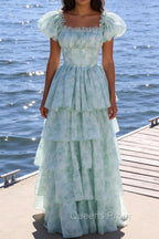 A Line Square Neck Green Tiered Prom Dress with Ruffles
