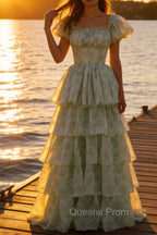A Line Square Neck Green Tiered Prom Dress with Ruffles