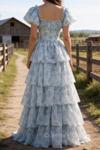 A Line Square Neck Light Blue Tiered Prom Dress with Ruffles