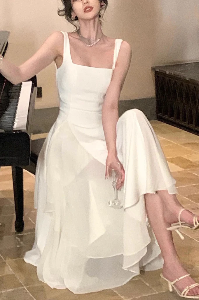A Line Square Neck Classy Prom Dress, Ankle Length Birthday Outfits