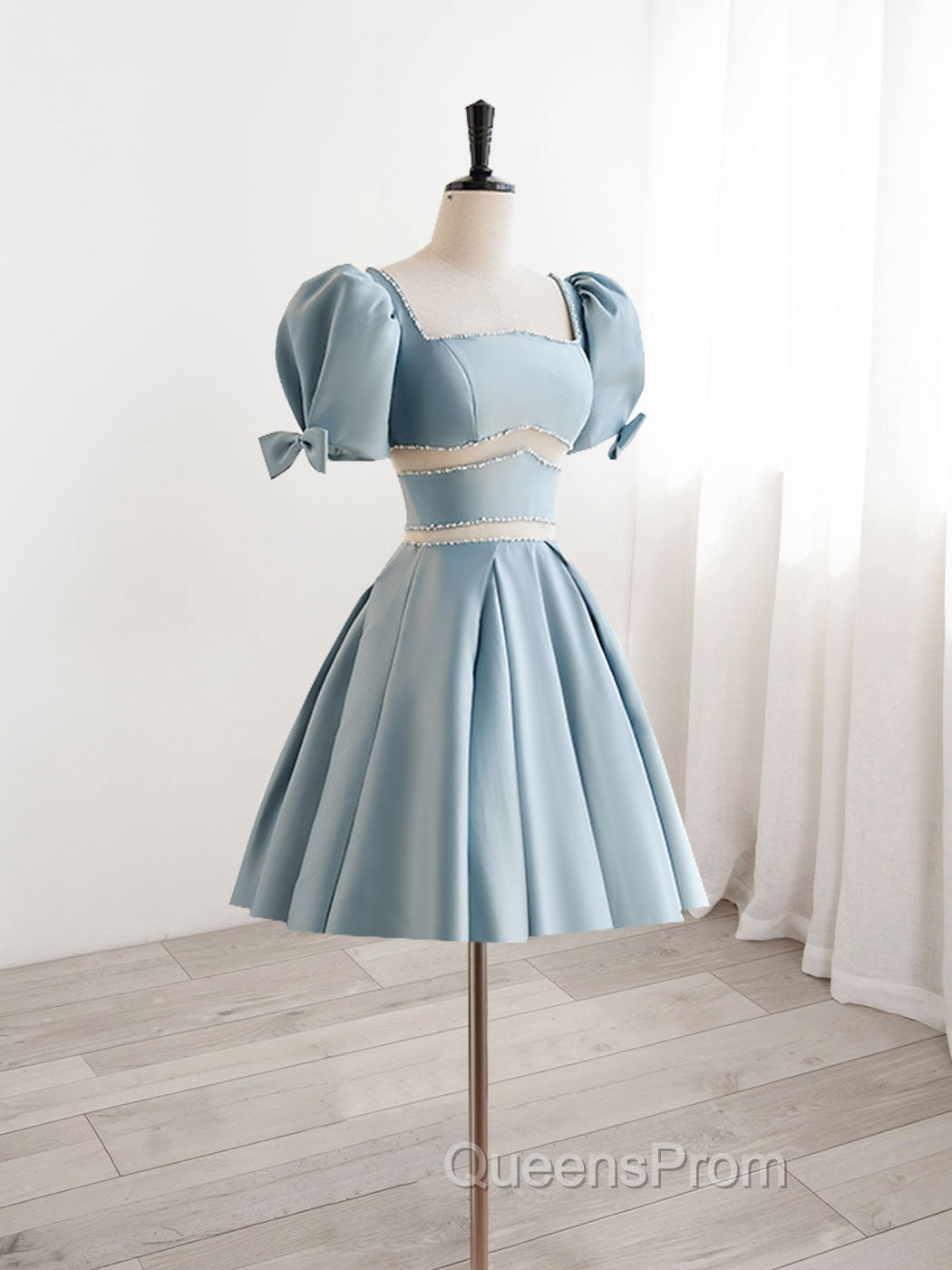 A-Line Square Neckline Blue Short Evening Prom Dress, Cute Blue Homecoming Dress