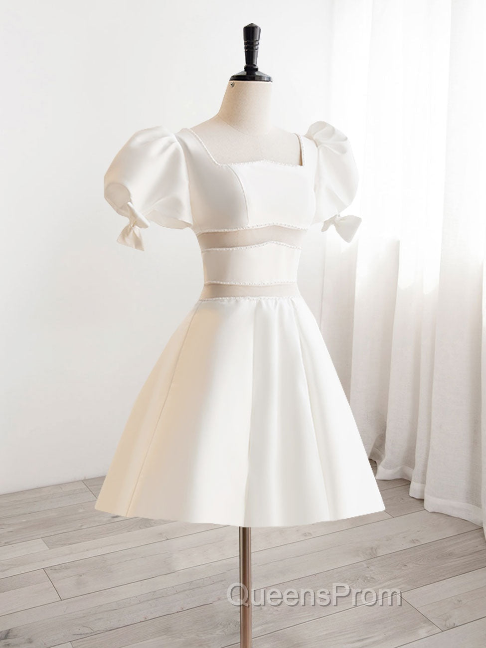 A-Line Square Neckline Ivory Short Evening Prom Dress, Cute  lvory Homecoming Dress