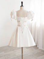 A-Line Square Neckline Ivory Short Evening Prom Dress, Cute  lvory Homecoming Dress