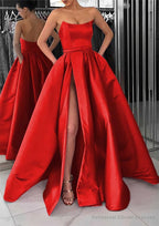 A-line Square Neckline Long/Floor-Length Satin Prom Dresses With Pockets Split
