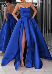 A-line Square Neckline Long/Floor-Length Satin Prom Dresses With Pockets Split