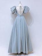 A-Line  Square Neckline Puff sleeves Long Blue Evening Prom Dress, Blue Long Evening Dress
