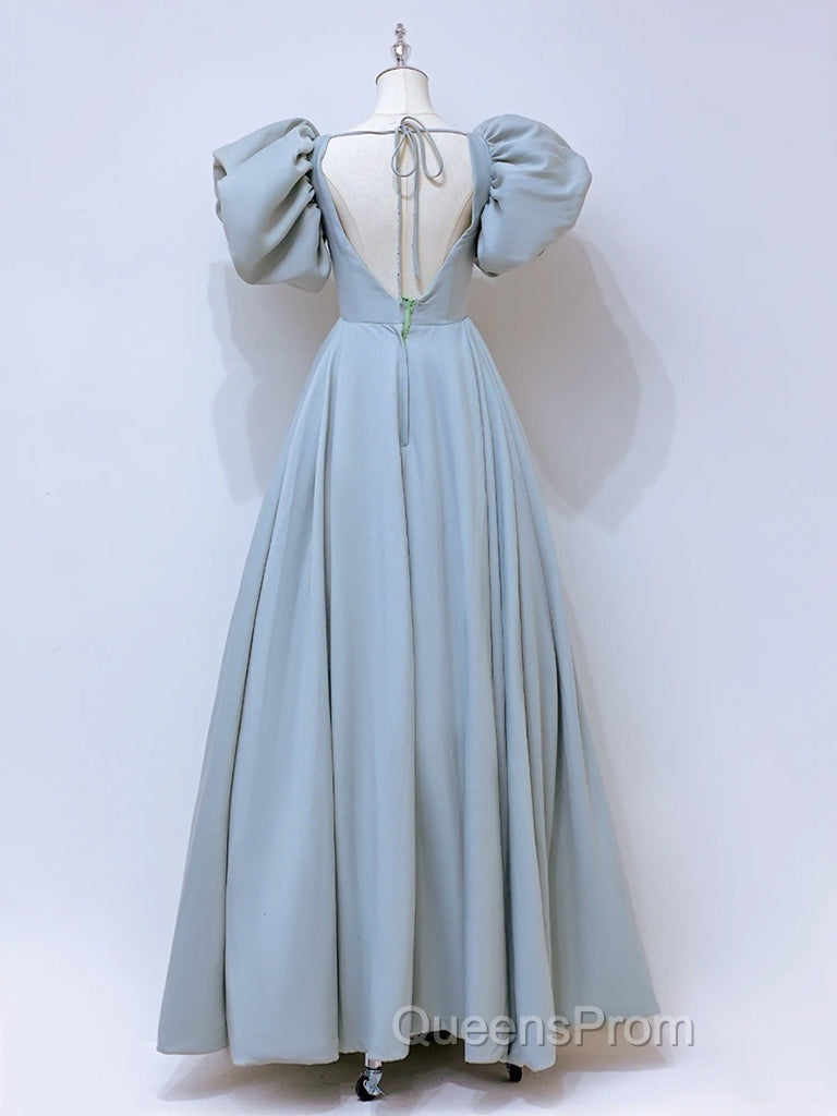 A-Line  Square Neckline Puff sleeves Long Blue Evening Prom Dress, Blue Long Evening Dress