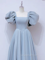 A-Line  Square Neckline Puff sleeves Long Blue Evening Prom Dress, Blue Long Evening Dress