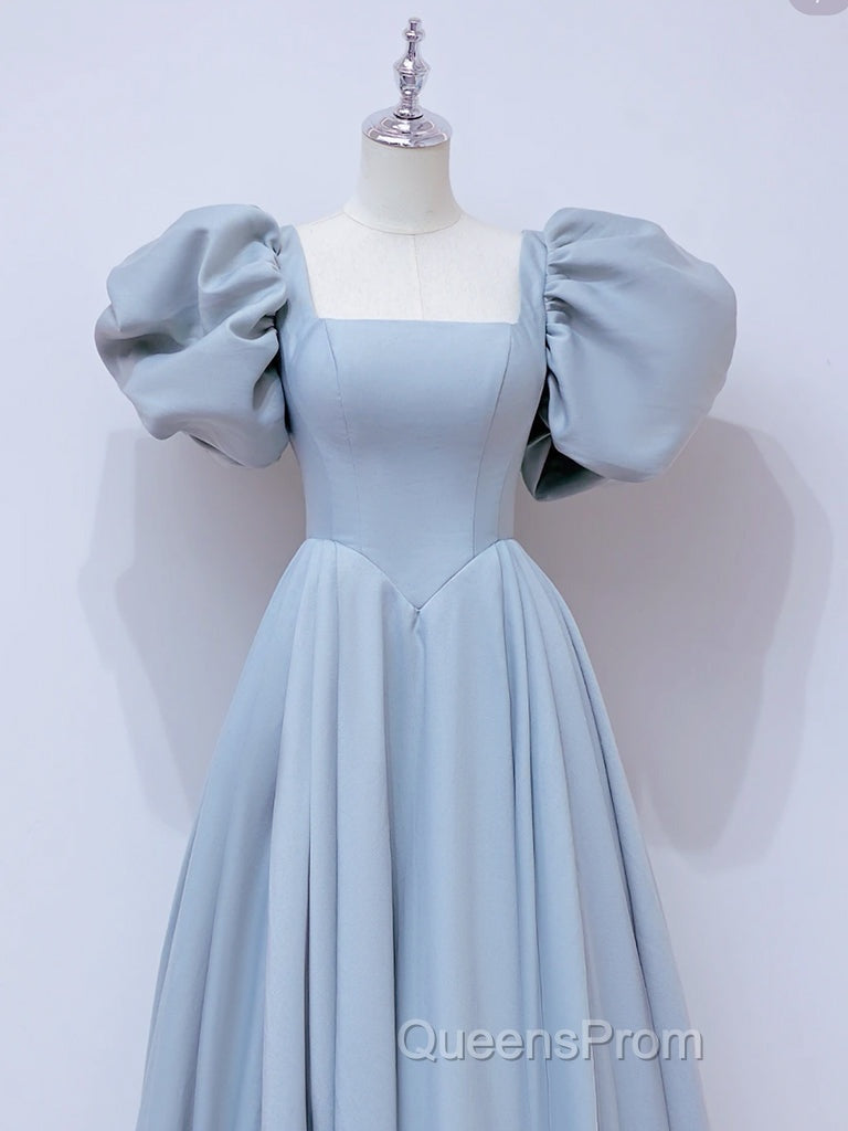 A-Line  Square Neckline Puff sleeves Long Blue Evening Prom Dress, Blue Long Evening Dress