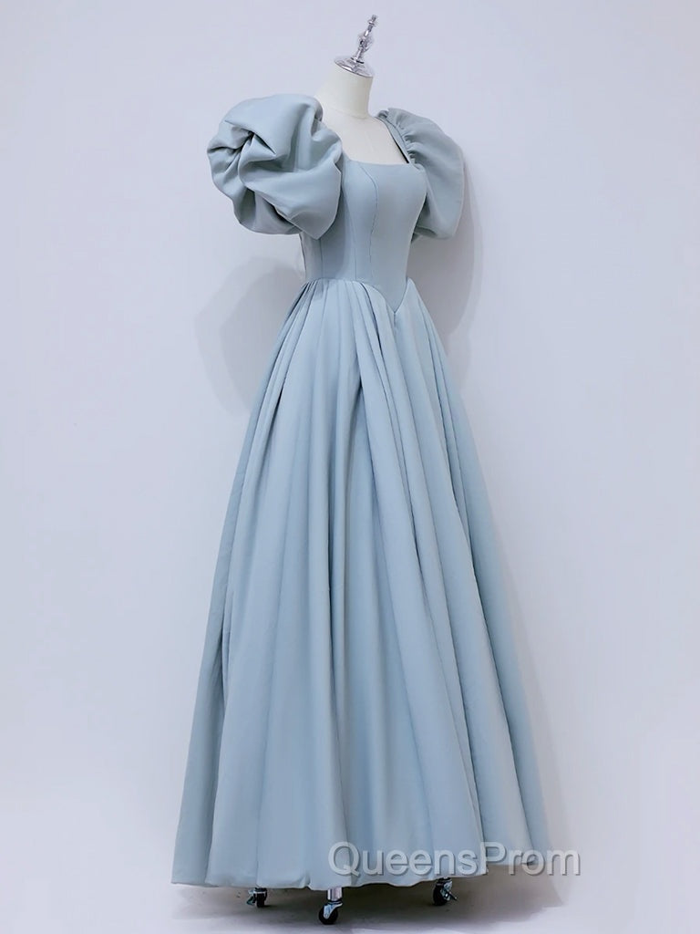 A-Line  Square Neckline Puff sleeves Long Blue Evening Prom Dress, Blue Long Evening Dress