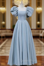 A-Line  Square Neckline Puff sleeves Long Blue Evening Prom Dress, Blue Long Evening Dress
