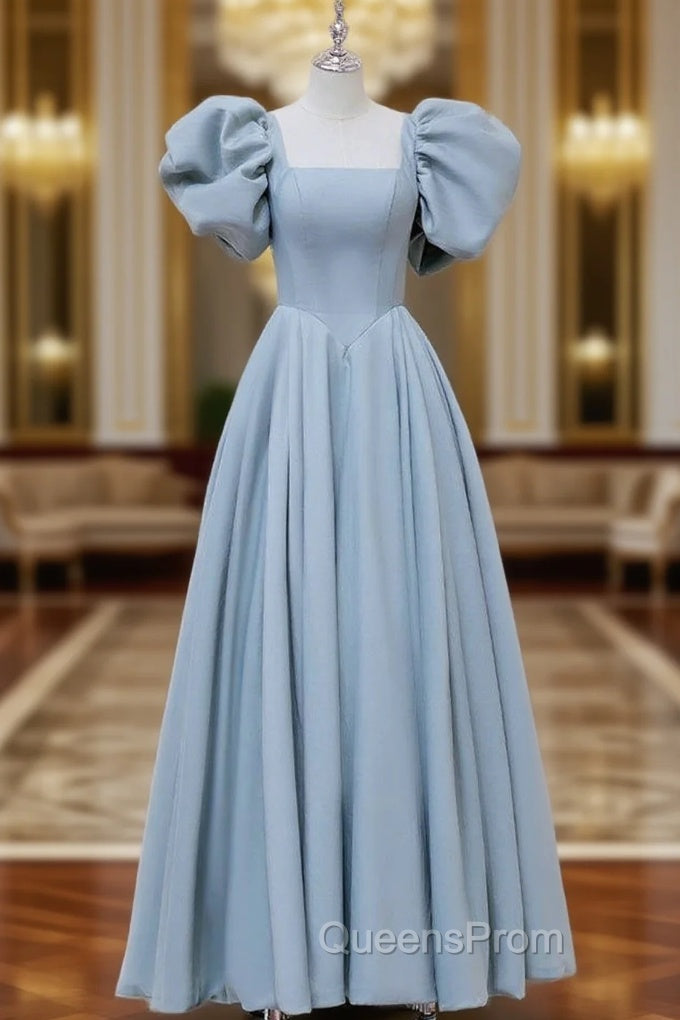 A-Line  Square Neckline Puff sleeves Long Blue Evening Prom Dress, Blue Long Evening Dress