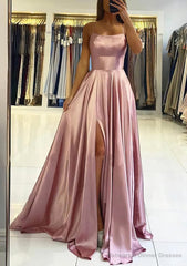 A-line Square Neckline Sleeveless Satin Sweep Train Prom Dresses With Pleated