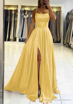 A-line Square Neckline Sleeveless Satin Sweep Train Prom Dresses With Pleated
