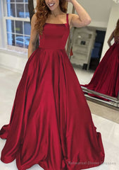 A-line Square Neckline Sleeveless Sweep Train Satin Prom Dresses With Pockets