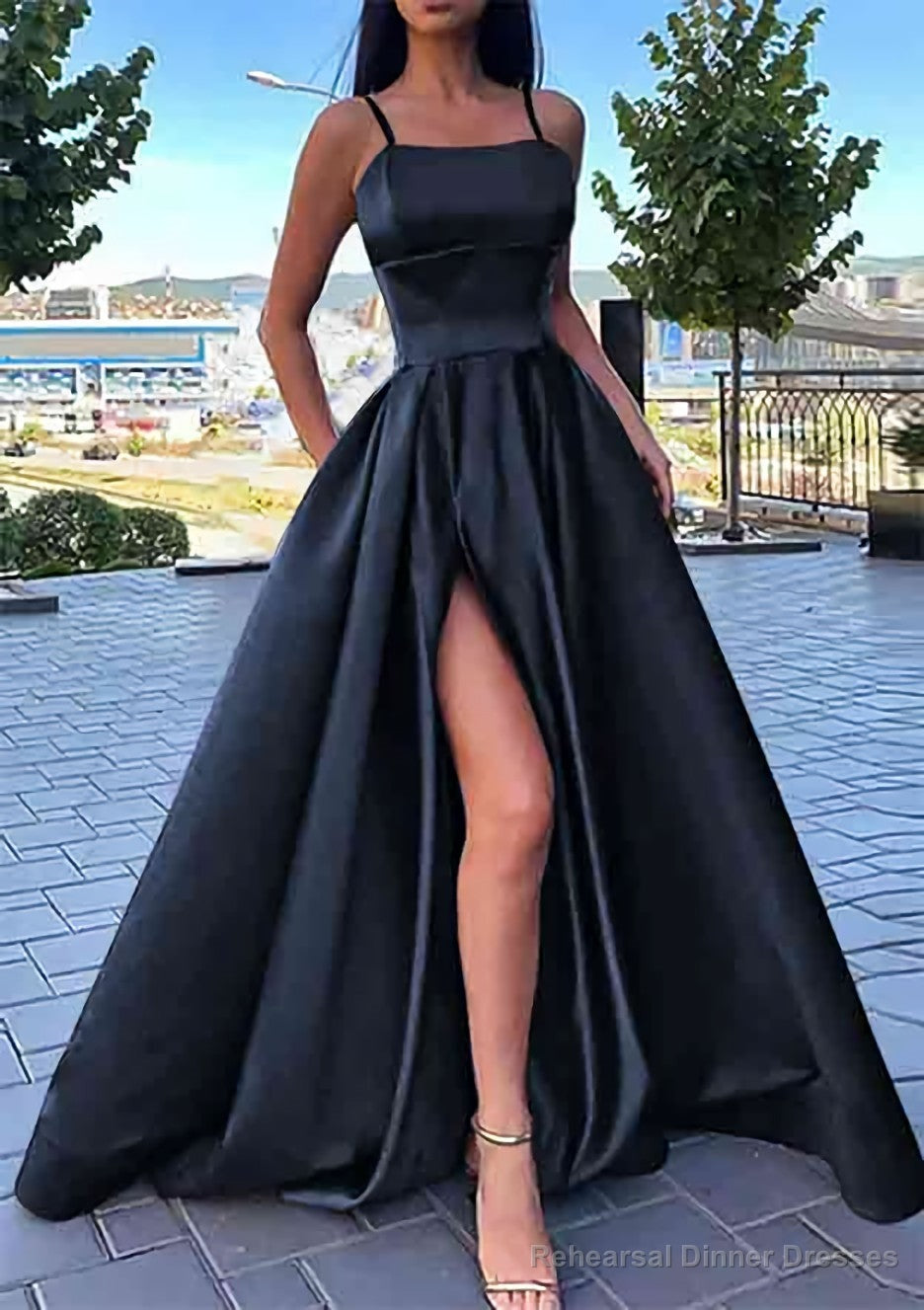 A-line Square Neckline Spaghetti Straps Long/Floor-Length Satin Prom Dresses With Split Pockets Secondary image