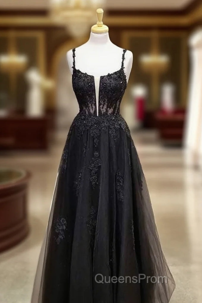A-line Square Neckline Spaghetti Straps Long/Floor-Length Tulle Evening Prom Dress With Glitter Beading Appliqued- Evening Prom Dress