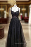 A-line Square Neckline Spaghetti Straps Long/Floor-Length Tulle Evening Prom Dress With Glitter Beading Appliqued- Evening Prom Dress