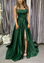 A-line Square Neckline Spaghetti Straps Sweep Train Charmeuse Prom Dresses