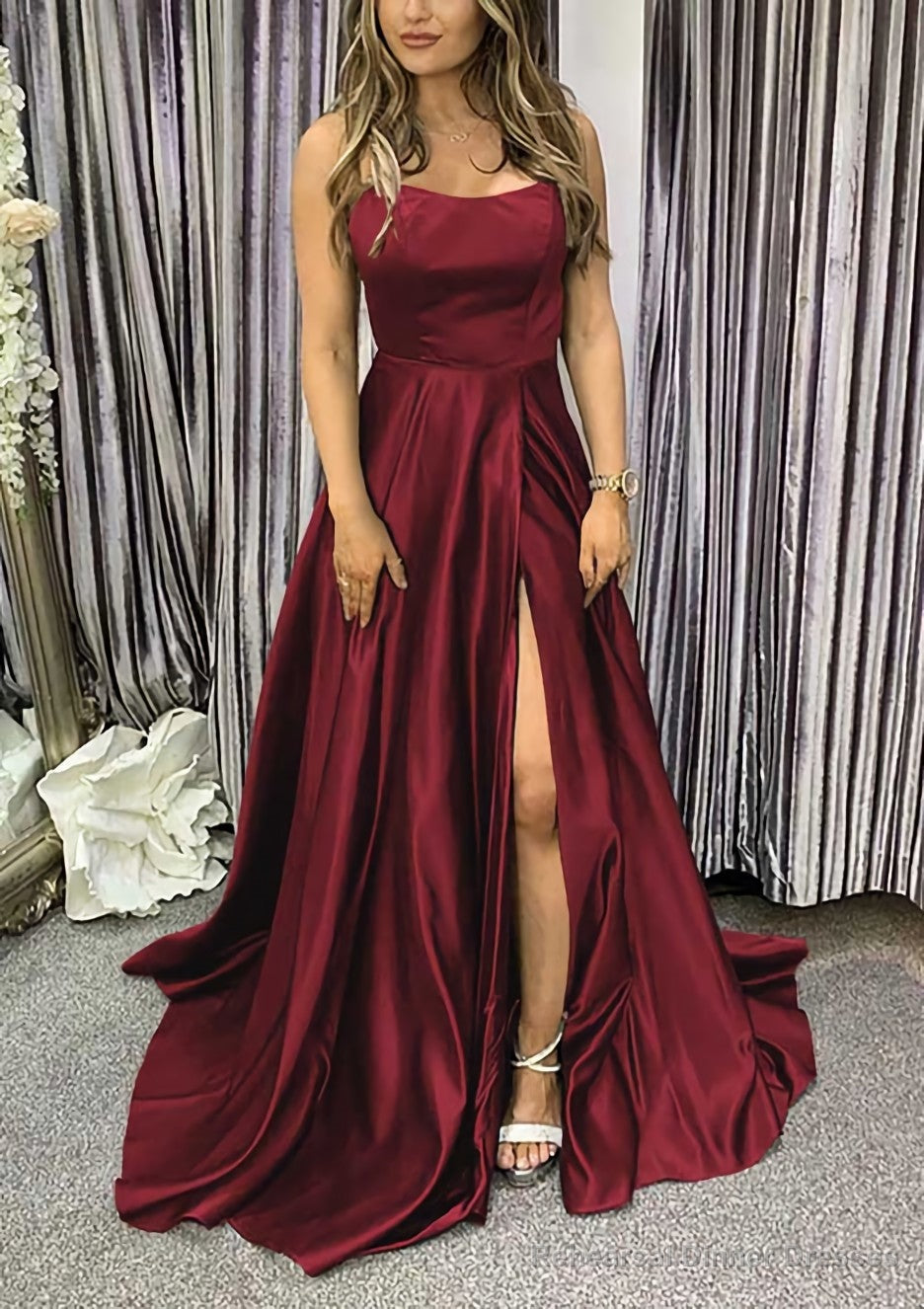 A-line Square Neckline Spaghetti Straps Sweep Train Charmeuse Prom Dresses