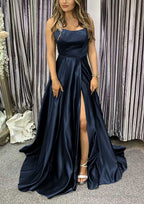 A-line Square Neckline Spaghetti Straps Sweep Train Charmeuse Prom Dresses