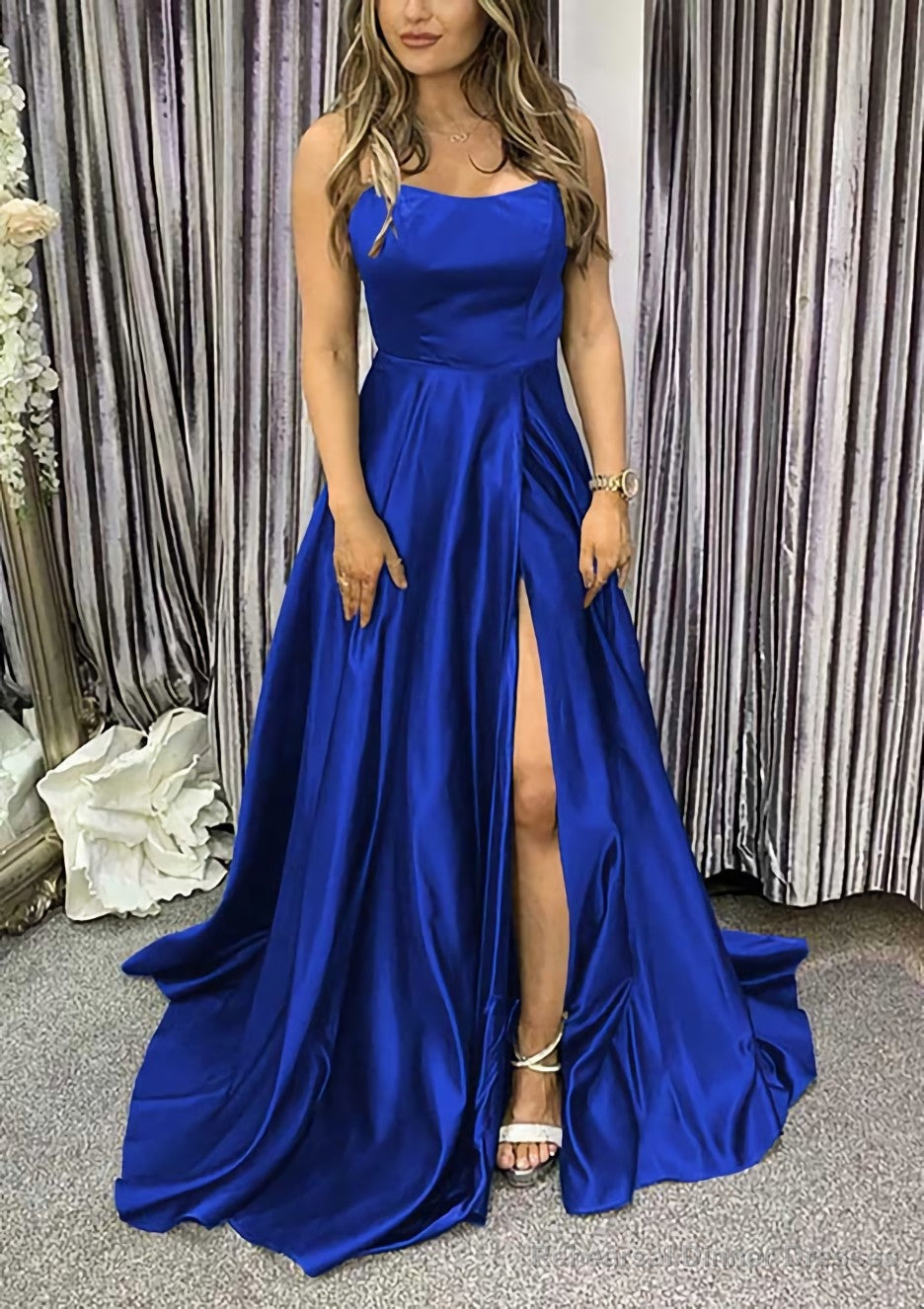 A-line Square Neckline Spaghetti Straps Sweep Train Charmeuse Prom Dresses