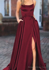 A-line Square Neckline Spaghetti Straps Sweep Train Charmeuse Prom Dresses With Pockets Split