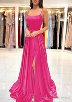 A-line Square Neckline Spaghetti Straps Sweep Train Charmeuse Prom Dresses With Split