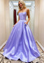 A-line Square Neckline Spaghetti Straps Sweep Train Satin Prom Dresses With Beading Pockets
