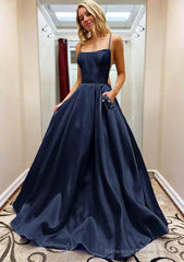 A-line Square Neckline Spaghetti Straps Sweep Train Satin Prom Dresses With Beading Pockets
