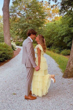 A-Line Square Yellow Tiered Long Classy Prom Dress Princess Tulle Classy Evening Dress