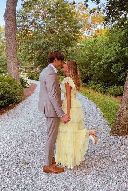 A-Line Square Yellow Tiered Long Classy Prom Dress Princess Tulle Classy Evening Dress
