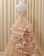 A-Line Stomacher Tiered Wedding Dress Court Train With Appliques
