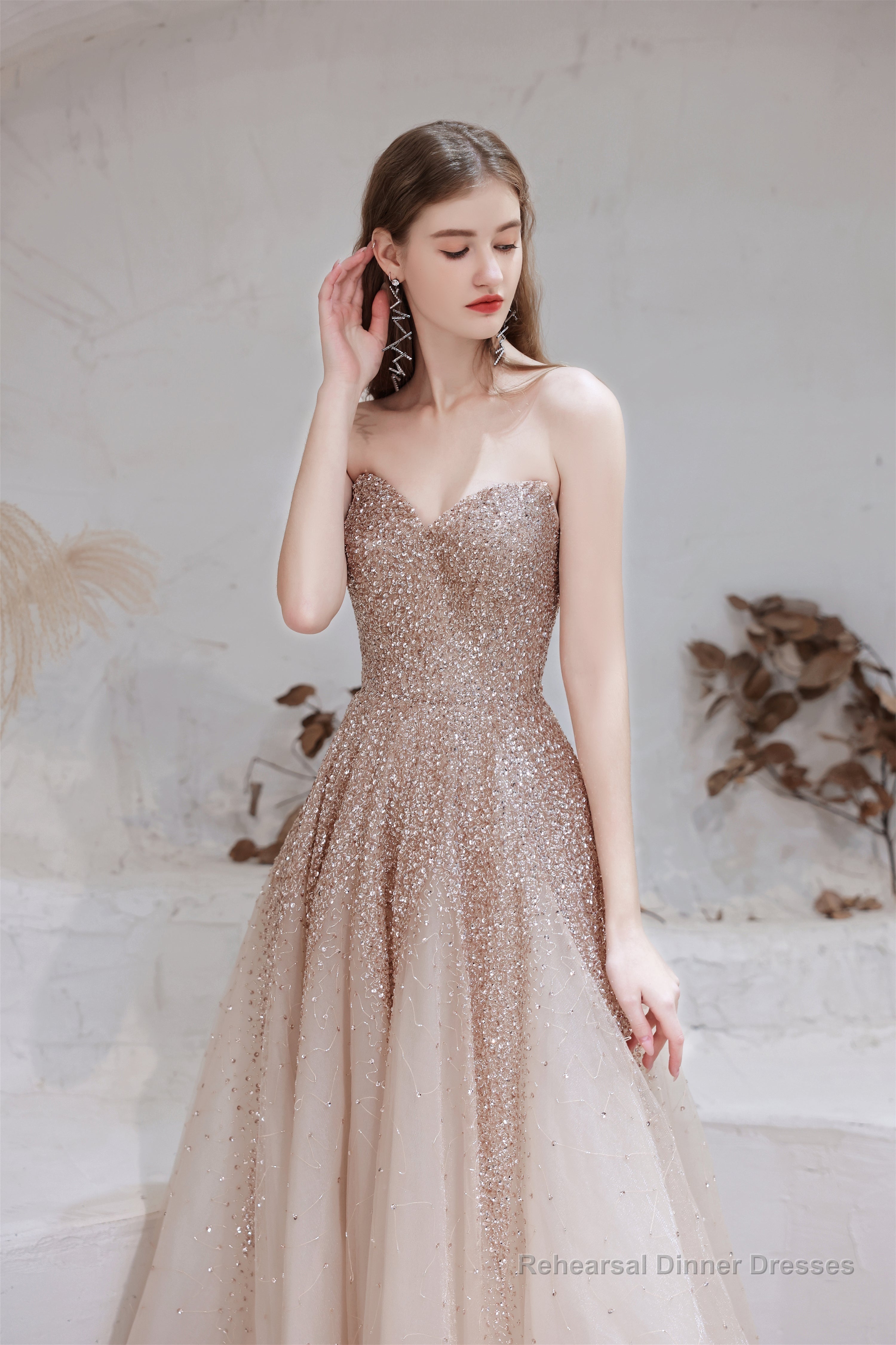 A Line Strapless Beading Tulle Court Train Prom Dresses Secondary image