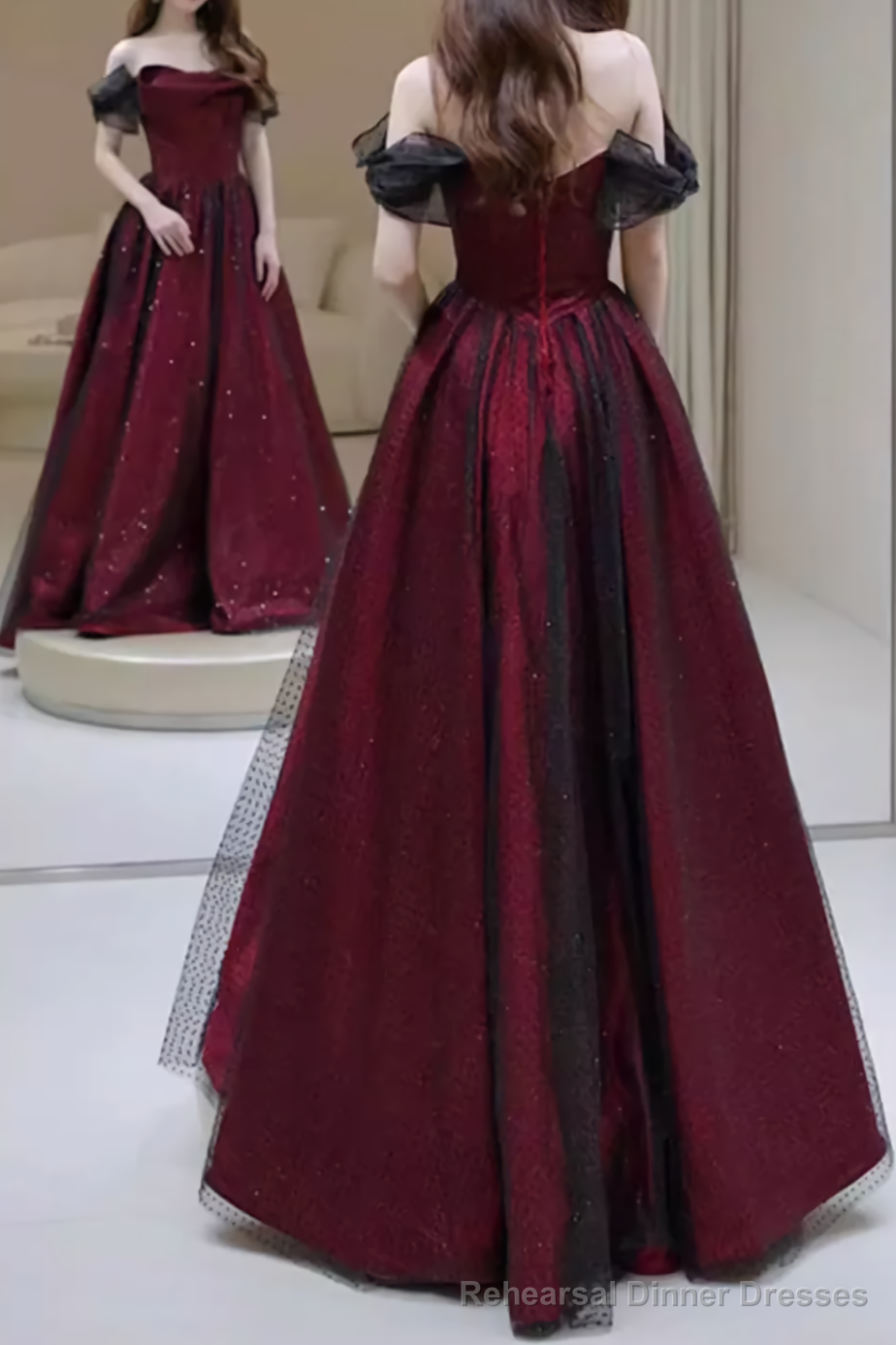 A line Strapless Black Party Dress Long Burgundy Prom Dress