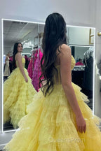 A Line Strapless Corset Glitter Tulle Evening Prom Dress with Ruffles