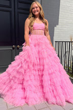 A Line Strapless Corset Glitter Tulle Evening Prom Dress with Ruffles