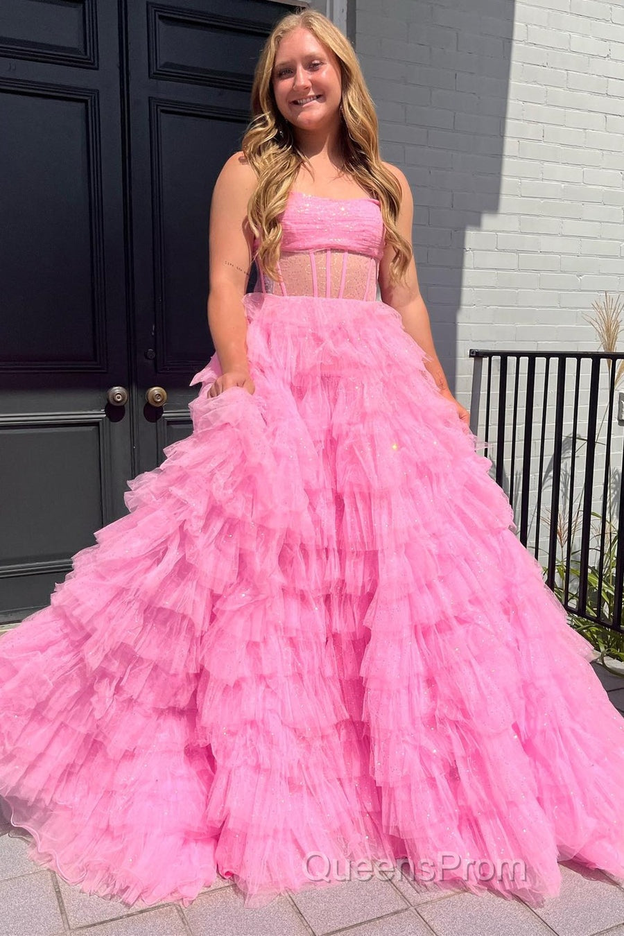 A Line Strapless Corset Glitter Tulle Evening Prom Dress with Ruffles
