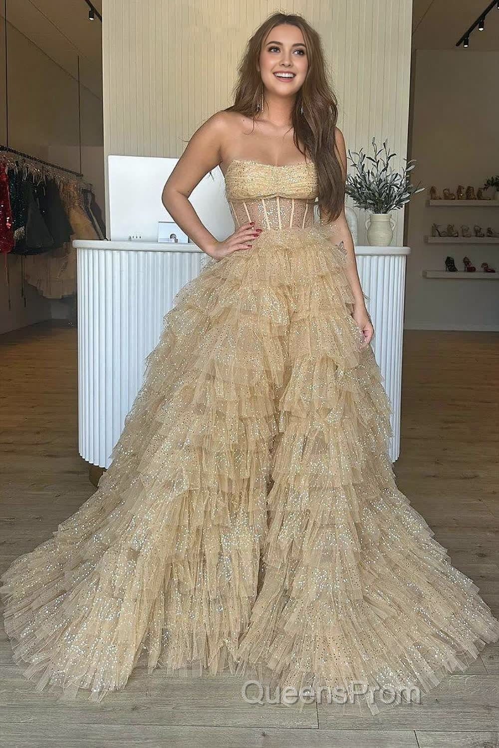 A Line Strapless Corset Glitter Tulle Evening Prom Dress with Ruffles