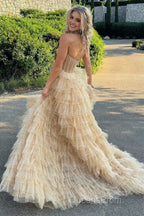 A Line Strapless Corset Glitter Tulle Evening Prom Dress with Ruffles