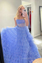 A Line Strapless Corset Glitter Tulle Evening Prom Dress with Ruffles