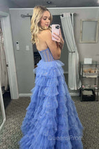 A Line Strapless Corset Glitter Tulle Evening Prom Dress with Ruffles