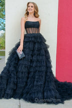 A Line Strapless Corset Glitter Tulle Evening Prom Dress with Ruffles
