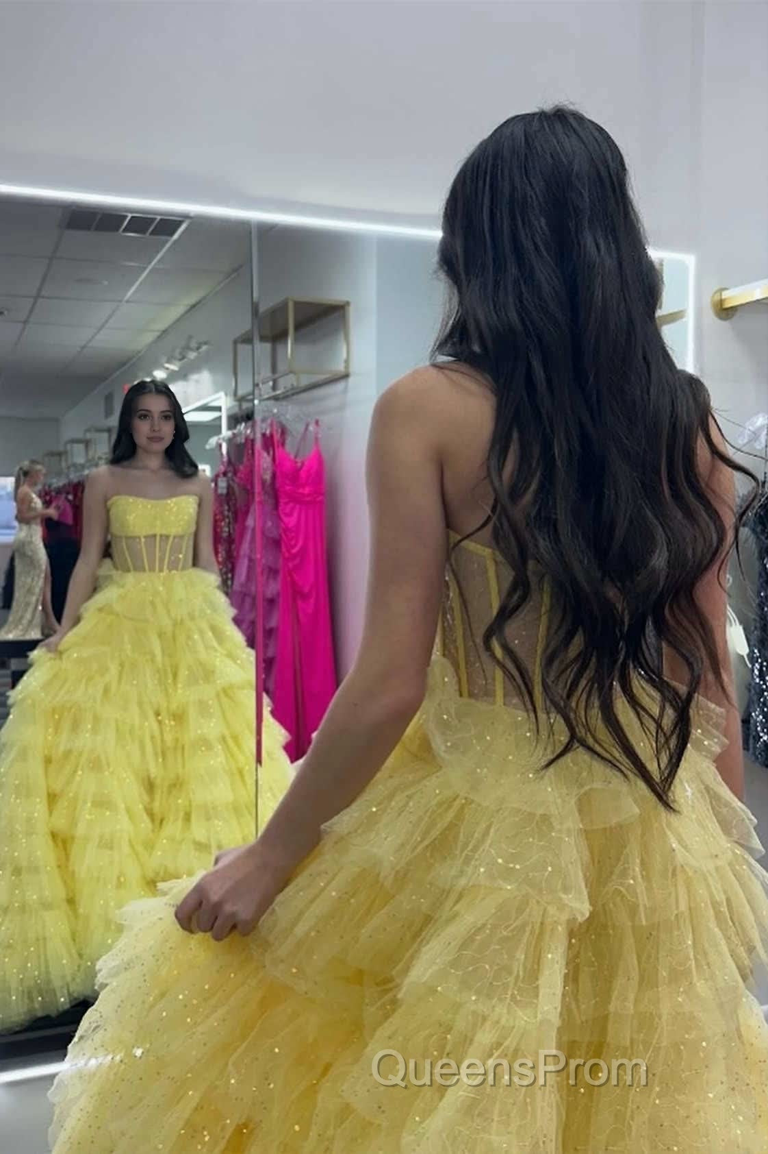 A Line Strapless Corset Glitter Tulle Evening Prom Dress with Ruffles