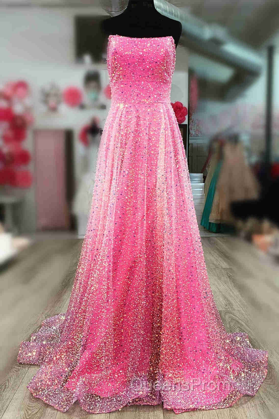 A-Line Strapless Hot Pink Sequins Long Evening Prom Dress Secondary image