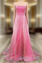 A-Line Strapless Hot Pink Sequins Long Evening Prom Dress
