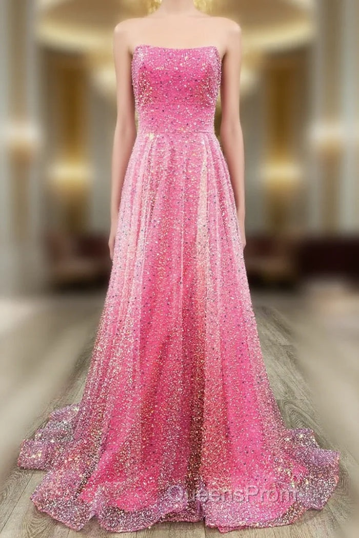 A-Line Strapless Hot Pink Sequins Long Evening Prom Dress