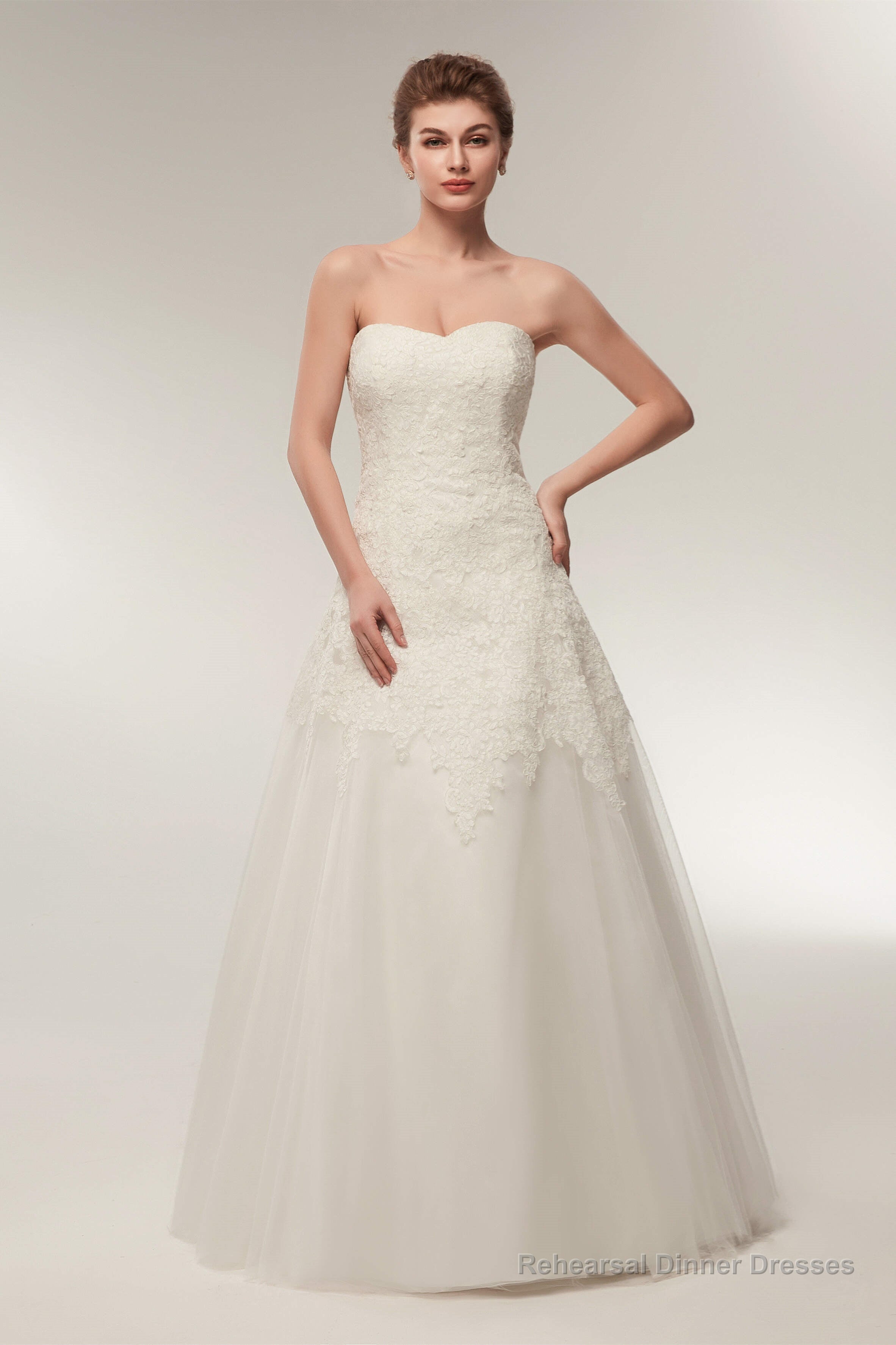 A Line Strapless Ivory Lace Floor Length Wedding Dresses Main image