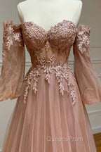 A-Line Strapless Long Lace Evening Prom Dress, Sweetheart Neck Tulle Evening Party Dress