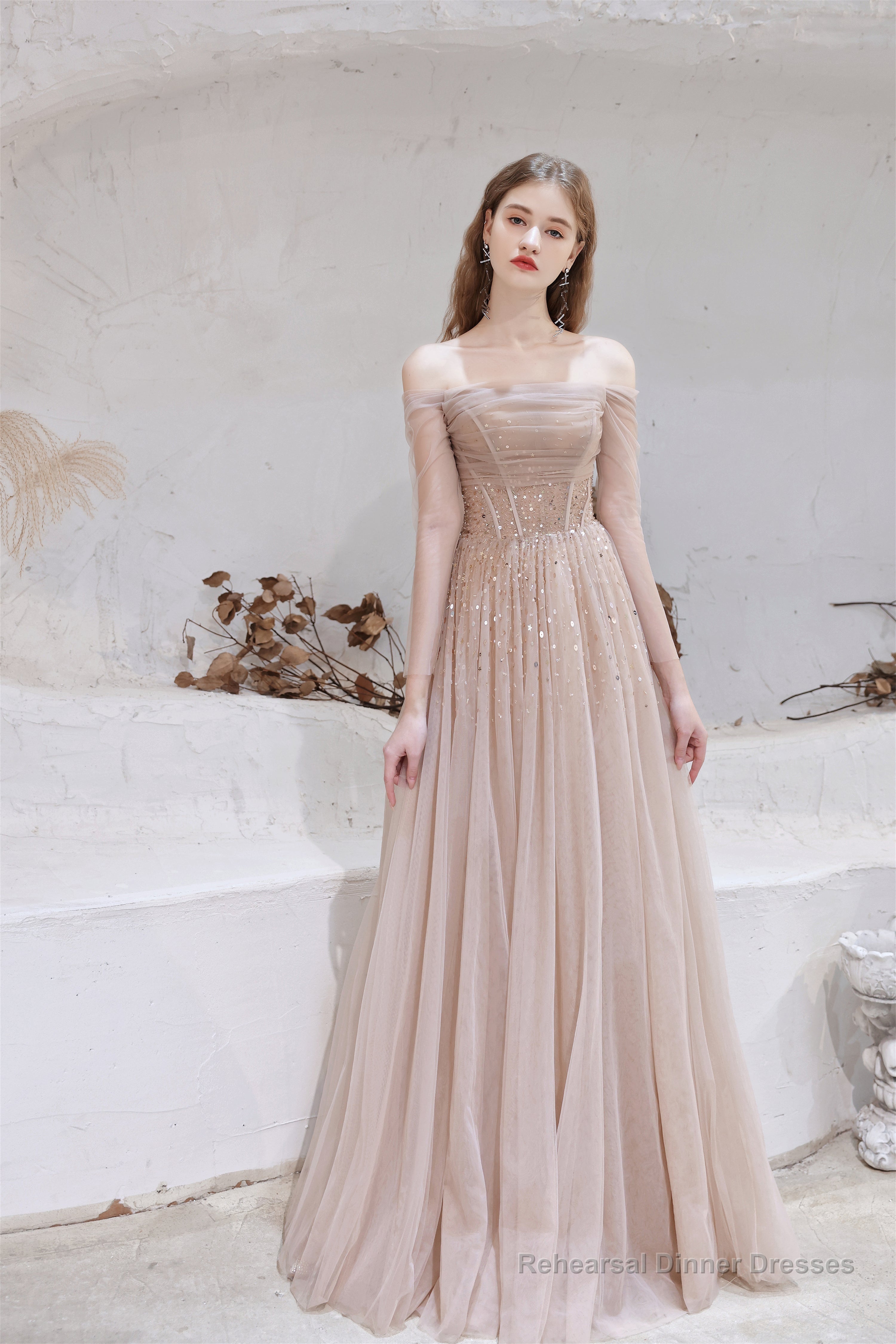 A-Line Strapless Off The Shoulder Lace Up Beading Tulle Long Prom Dresses Main image